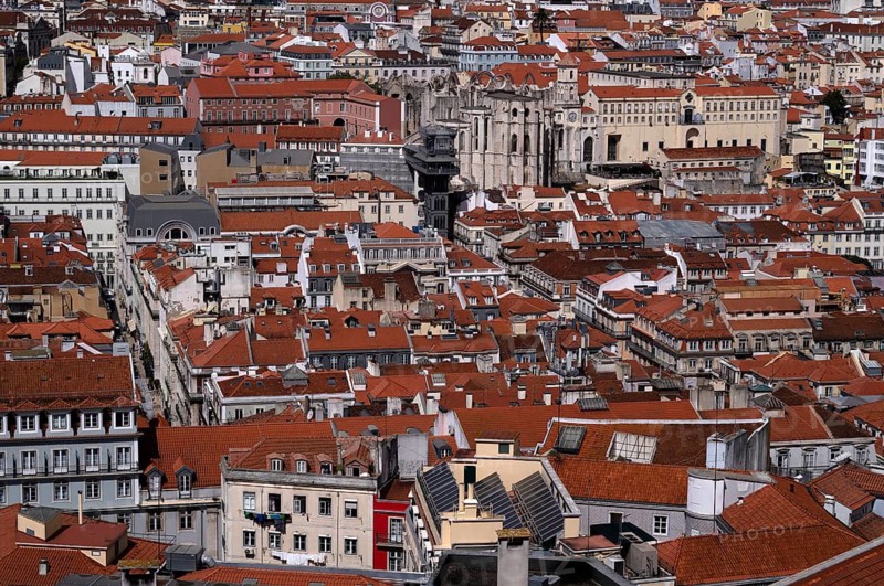 View from Castelo de São Jorge to old town, Elevador de Santa Justa lift, Museu Arqueológico do Carmo museum in church ruins, city view, Lisbon, Portugal
