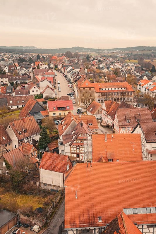 Roofscape of an old town with red tiles and winding roads in a rural area, Ötisheim, Enzkreis, Germany