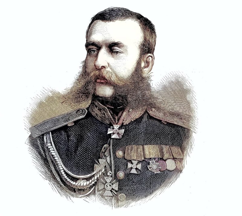 Mikhail Skobelev (1843–1882) was a general in the Imperial Russian Army, known for his conquest of Central Asia during the Russo-Turkish War of 1877–1878, reproduction of a 19th-century original. Authentic, file restored for optimal use, exact date of the original unknown, nostalgically coloured