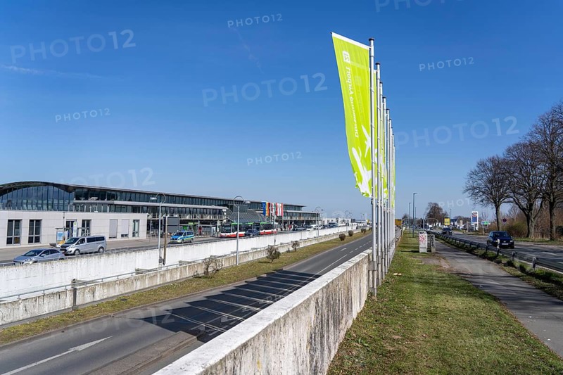 Dortmund Airport, flags in front of the terminal building, DTM, North Rhine-Westphalia, Germany