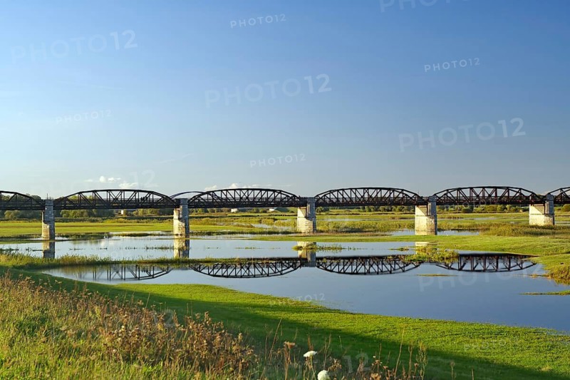 A bridge stretches over a calm body of water, surrounded by green meadows under a blue sky, Dömitzer railway bridge, Wendland, Elbe, Lower Saxony, Germany