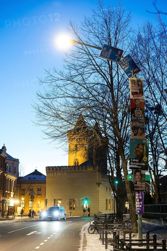 Election posters of the parties AfD, Die Linke, SPD, Freie Wähler, CDU, BSW and Volt on a street lamp in front of the Nauener Tor in Potsdam for the election to the 21st Bundestag on 23 February 2025, taken on 19 February 2025