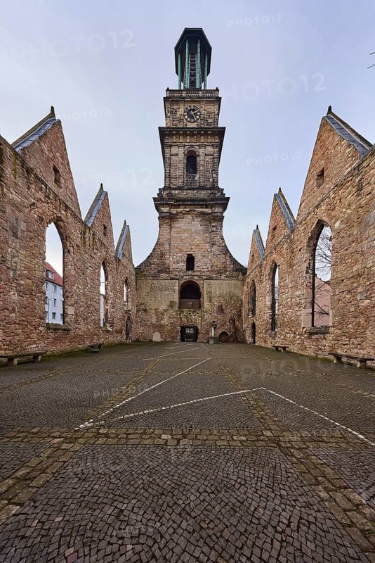 Ruins of the Aegidienkirche, memorial for victims of war and violence, church tower, church, diffuse light, milky blue cloudy sky, Hanover, state capital, Hanover region, Lower Saxony, Germany