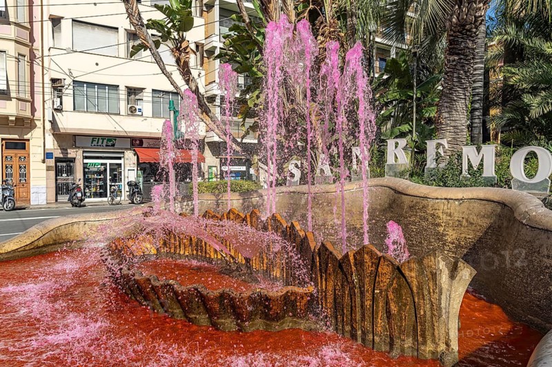 Zampillo fountain with pink coloured water, San Remo, Riviera di Ponente, Liguria, Italy