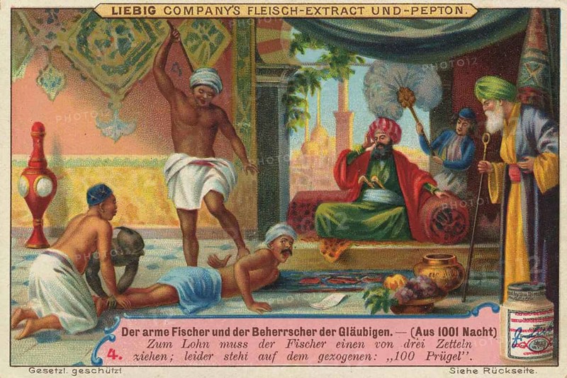 Picture series Fairy tale scenes from 1001 Nights, the poor fisherman and the ruler of the believers, as a reward the fisherman has to draw one of three slips of paper, he draws 100 spanks, Liebig picture, digitally restored reproduction of a collector's picture from around 1900, public domain, exact date unknown, a sultan and his servants in an opulent oriental scene with carpets and treasures