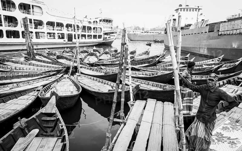 Boats on a jetty, Monochrom, Dhaka, Bangladesh