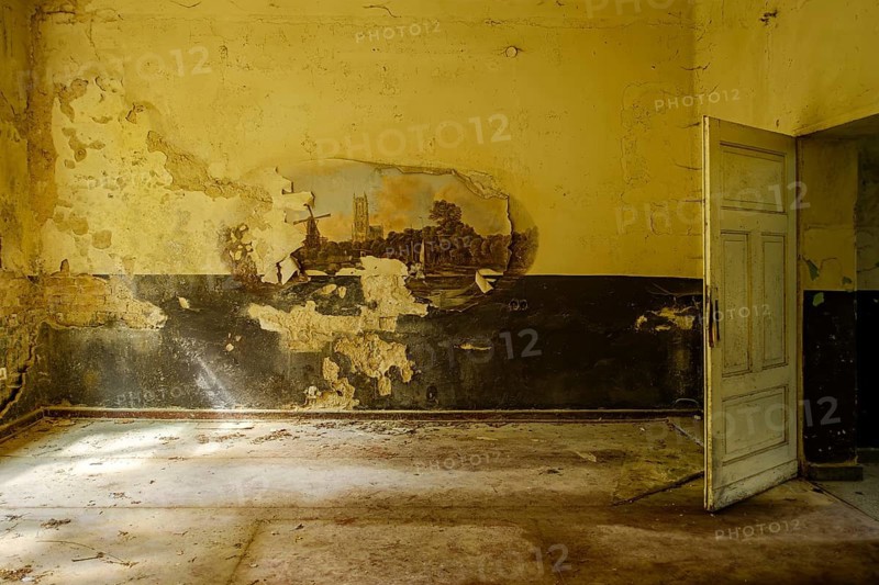 Room with dilapidated wall and damaged historic painting, former lung hospital and lost place Heilstätte Grabowsee, Oranienburg, Brandenburg, Germany