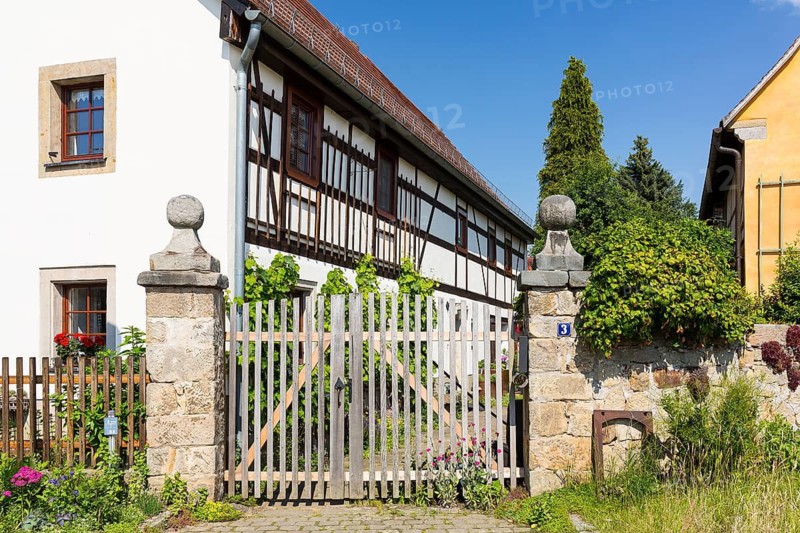 Old farmhouses in the centre of Bonnewitz, Pirna, Saxony, Germany