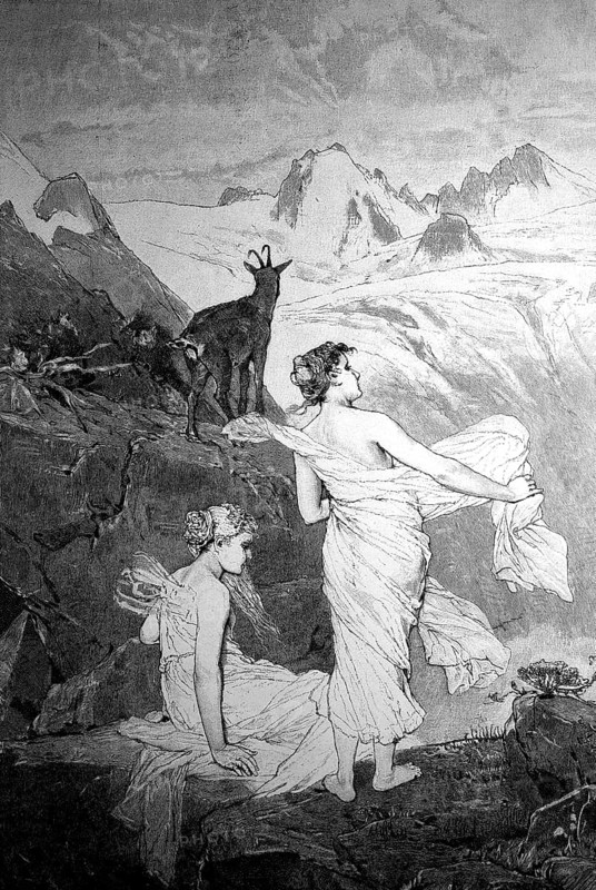 Salige Frauen, also called Salkweiber, Salaweiber, wild or white woman are figures from the world of legends, mainly from the Alpine region, Austria, in 1880, Historical, digital reproduction of an original from the 19th century