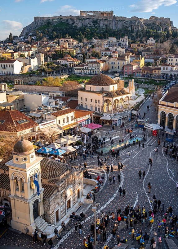 View over the old town of Athens, with Panagia Pantanassa Church, Tzisdarakis Mosque and Acropolis, Monastiraki Square, Athens, Attica, Greece
