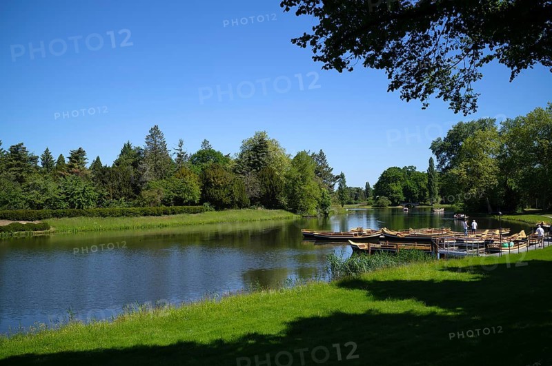Gondolas, barges, boats for boat trips, tourists, pier, Wörlitzer See gondola station, Wörlitzer Park, Wörlitzer Anlagen, Wörlitz, Oranienbaum, Saxony-Anhalt, Germany