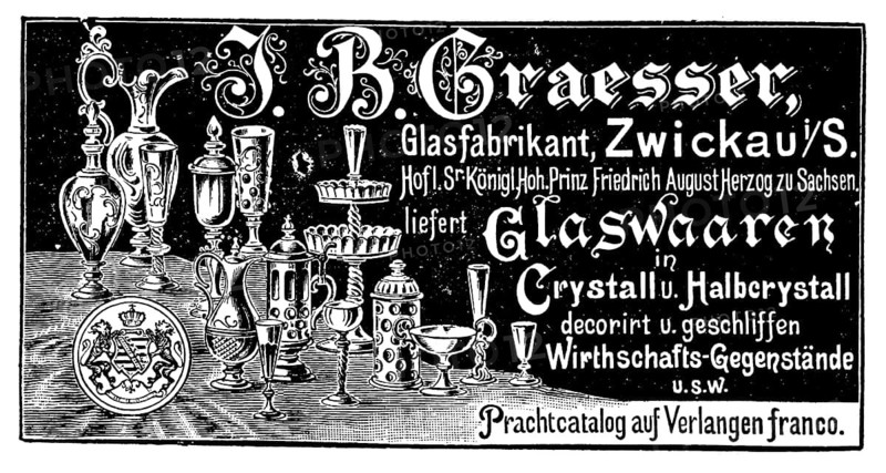 Advertisement of the company Graesser, glass manufacturer from Zwickau, 1890, Germany, Historic, digitally restored reproduction of an original from the 19th century, exact original date not known