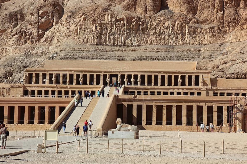 The mortuary temple of the first female pharaoh Hatshepsut, Hatshepsut Temple in Deir el-Bahari on the west bank of the Nile in Thebes, Africa, Egypt
