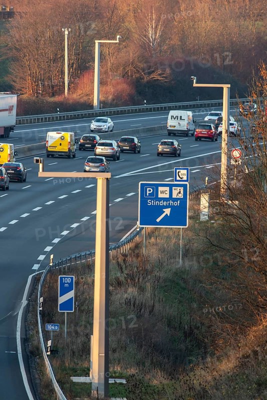 Motorway A3 between Düsseldorf and Leverkusen, near Erkrath, video cameras monitor traffic, check and secure temporary hard shoulder clearance in case of heavy traffic