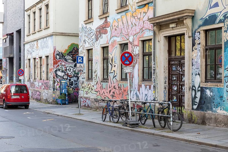 Colourful graffiti on a façade in Louisenstraße, Dresden, Saxony, Germany