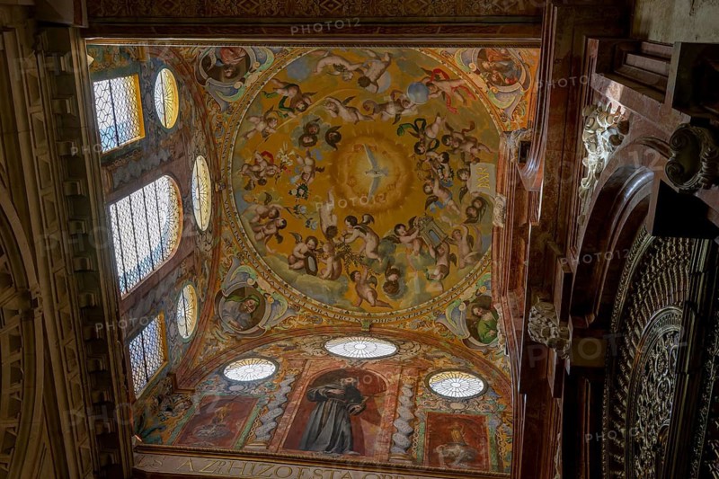 Cathedral Mosque of Cordoba (Mezquita-Catedral), A richly decorated ceiling with religious frescoes and bright windows in a sacred setting, Cordoba, Andalusia, Spain