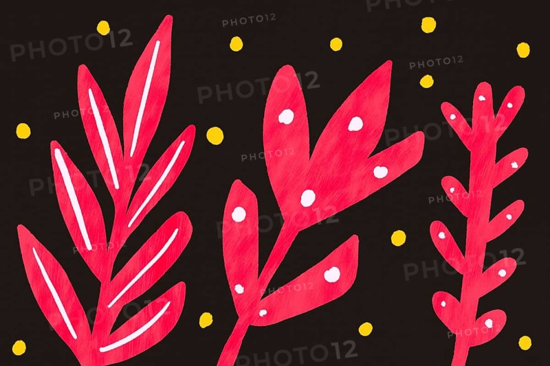 A bold, vibrant illustration of red botanical elements with white speckles, set against a dark backdrop with golden dots. The artwork conveys a lively yet elegant feel, perfect for decorative use