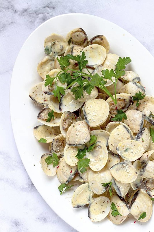 Vongole clams, in cream sauce, on a white plate, homemade, top view, no people
