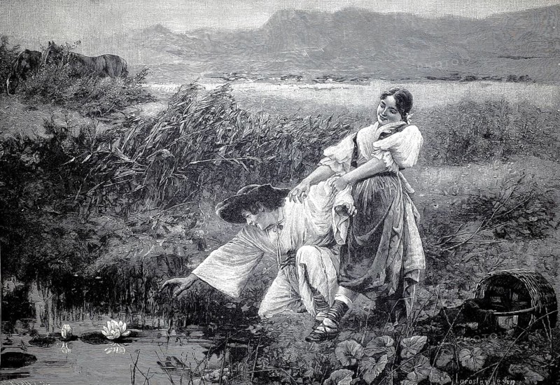 Young man wants to pick a water lily from his lover and she holds him so that he doesn't fall into the water, 1896, rural scene, illustration, reproduction from a 19th century model. Authentic, file restored for optimal use, exact date of submission unknown, Historic, a couple playing near a lake in a meadow surrounded by tall grass and mountains in the background
