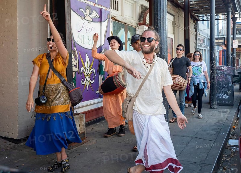 New Orleans, Louisiana - Hare Krishna advocates parade on Frenchmen Street in the Marigny neighborhood