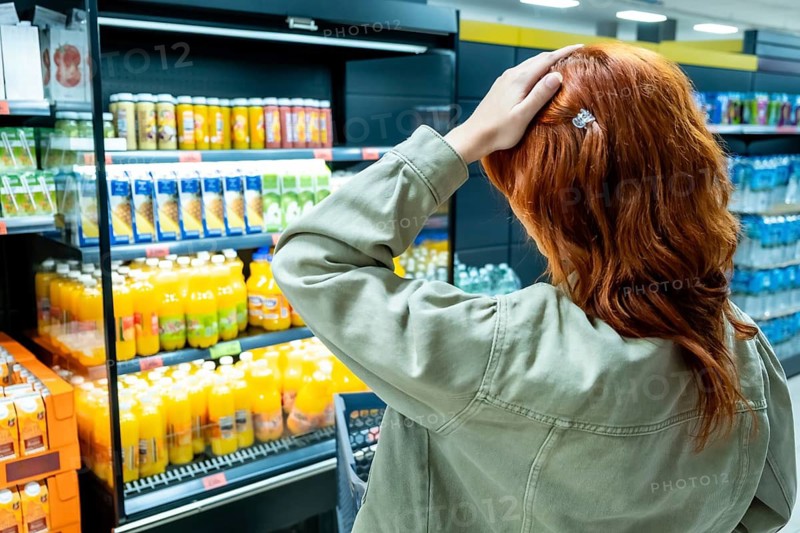 Woman standing in a supermarket aisle, holding her hand to her head, expressing frustration and anxiety over the rising cost of groceries and inflation