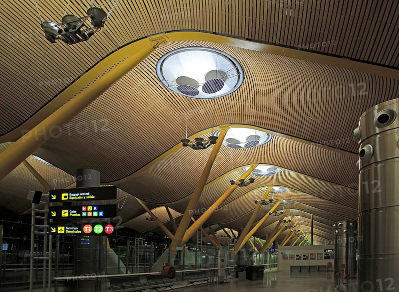 Modern architecture ceiling interior of terminal 4 building, Adolfo Suárez Madrid–Barajas airport, Madrid, Spain