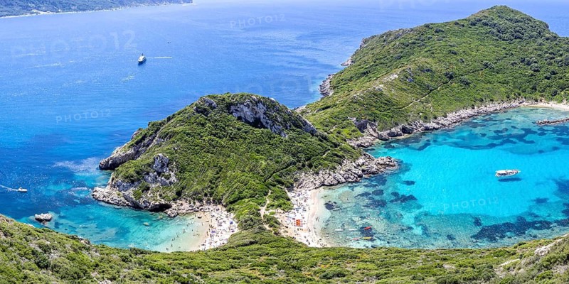 Porto Timoni Beach with turquoise blue sea panorama on the island of Corfu, Greece