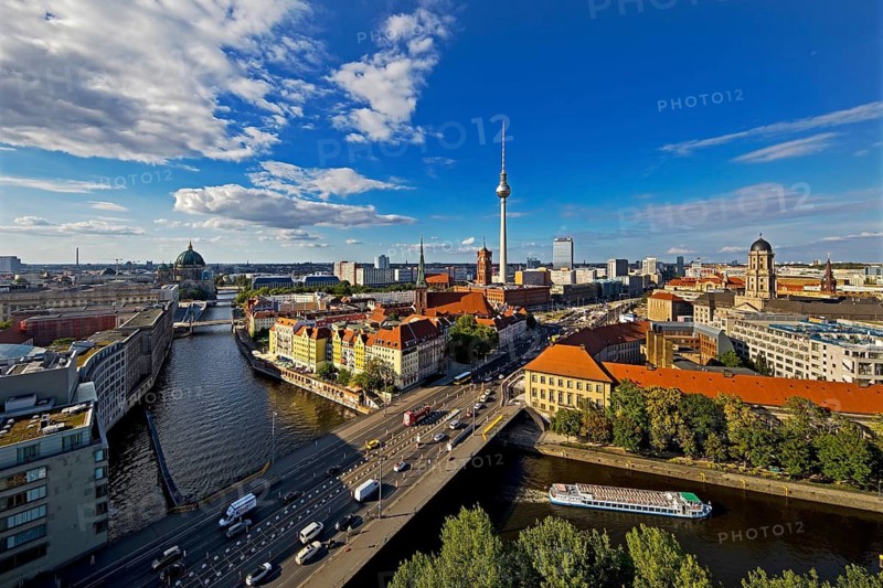 City panorama with Spree, Cathedral, Nikolai Quarter, Red Town Hall, TV Tower and Old Town House, Berlin-Mitte, Berlin, Germany