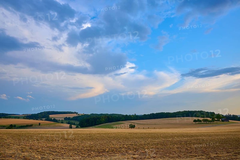 Open fields under a wide, strong sky with a summer atmosphere, summer, Reichartshausen, Amorbach, Odenwald, Bavaria, Germany
