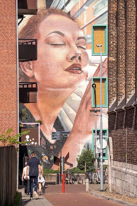Large mural in the Lohfstraat, in the center of Venlo, Limburg, Netherlands, motif by Dutch artist Evert Thielen, title:Groot Desire, painted by Thielen, implemented for the mural by artist Michel Alders, in 2024, on the side façade of the former Hotel Puur, part of a newly created mural route in Venlo, graffiti route