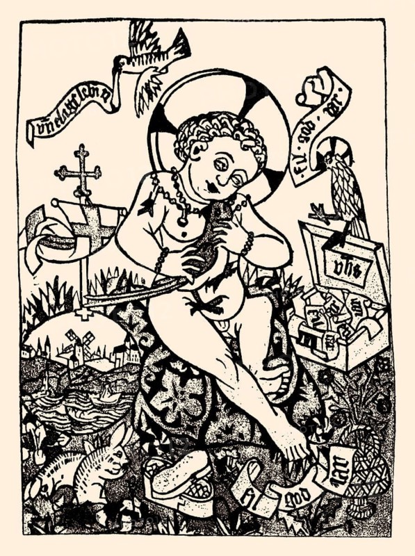 The Christ-child with a bird, New Year Greeting, wood engraving, 1470