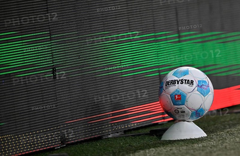 Adidas Derbystar match ball lies on cone, marking disc, for ball boys, WWK Arena, Augsburg, Bavaria, Germany