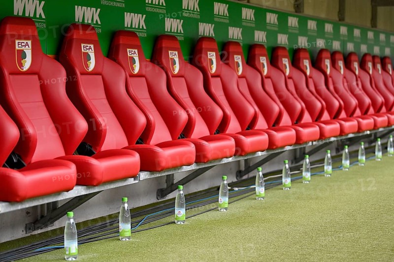 Substitute bench, trainer bench, former sponsor Recaro taped, drinking bottles, WWK Arena, Augsburg, Bavaria, Germany