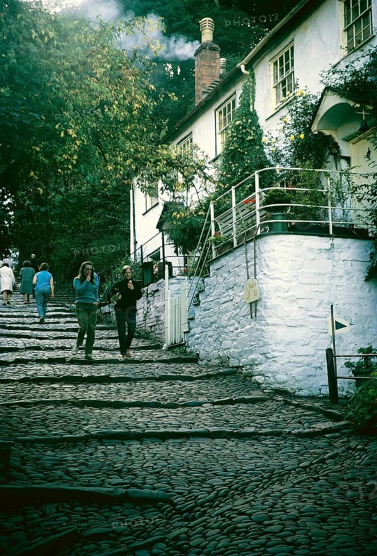 Steep road with steps, Clovelly, North Devon, England UK September 1968