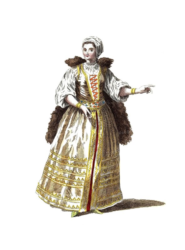 Historical clothing, fashion in the course of time, woman's fashion in Hungary, around 1700, digitally restored reproduction of a model from the 18th/19th century, exact date unknown, elegantly dressed woman in beige and gold dress with fur trim