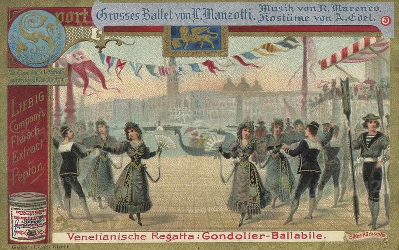 Picture series Grand Ballet by C. Manzotti, scene from the ballet Excelsior by Luigi Manzotti, specifically the gondolier ballabile, favorite painting, digitally restored reproduction of a collector's painting from around 1900, exact date unknown