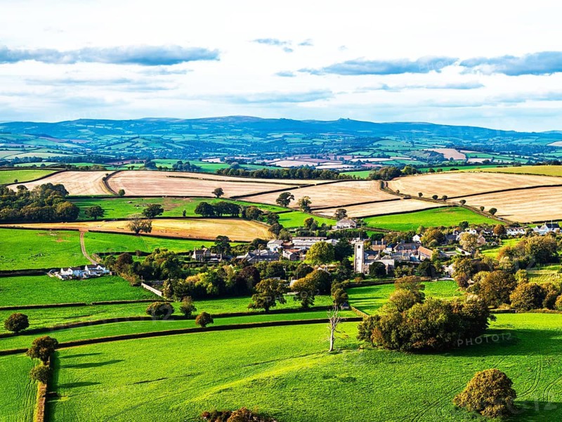 Colours of Devon Farms and Fields over Berry Pomeroy from a drone, Totnes, England, United Kingdom