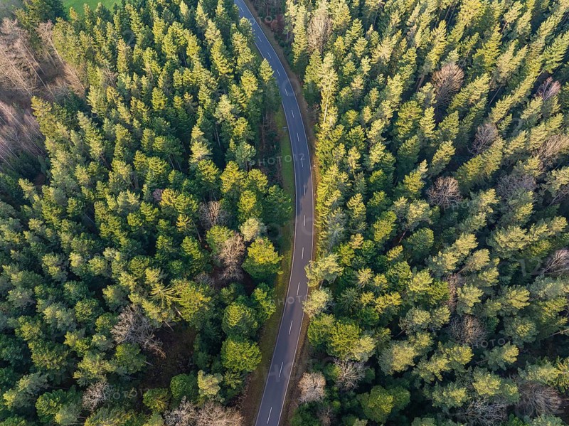 Top view of a winding road, surrounded by dense forest, nature appears peaceful and unspoilt, Agenbach, Black Forest, Germany