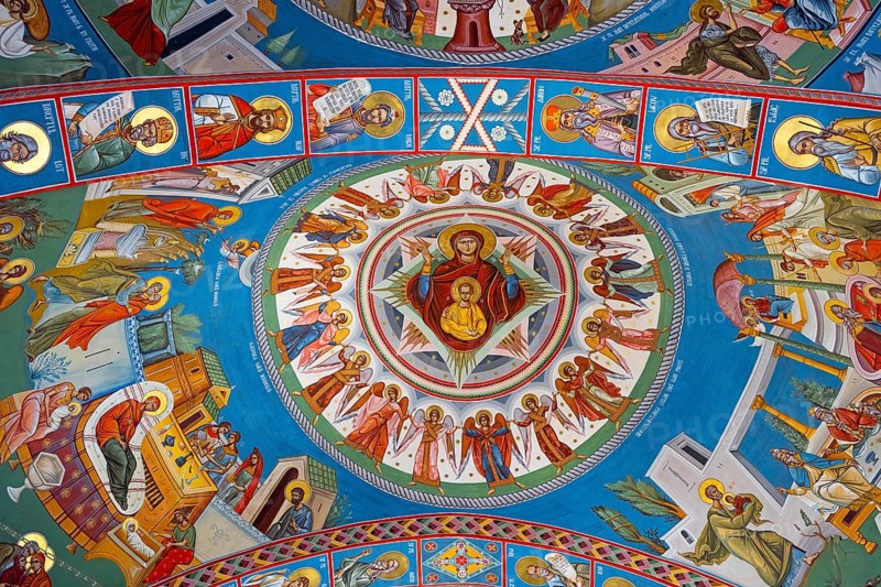Colourful ceiling painting with holy icons and scenes on a blue background in a church, interior of the Church of the Nativity of the Blessed Virgin Mary, Happy Cemetery, Cimitirul Vesel, Sapân?a, Sapanta, Maramure?, Maramures, Maramures, Romania
