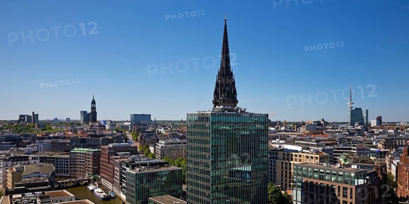 City view from above with the St Nikolai memorial, Hamburg, Germany