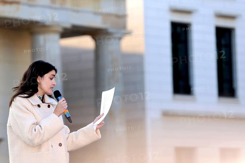 Marie Nasemann speaks at the demonstration Against Sexualized Digital Violence - Solidarity with All Victims on Pariser Platz in Berlin on 22.03.2026