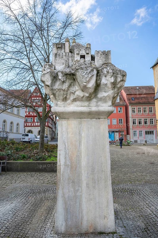 Sandstone fountain by the Kitzingen artist Klaus Christof, depicting the heavenly Jerusalem, in front of St John's Church, Obere Kirchgasse, Kitzingen, Lower Franconia, Bavaria, Germany