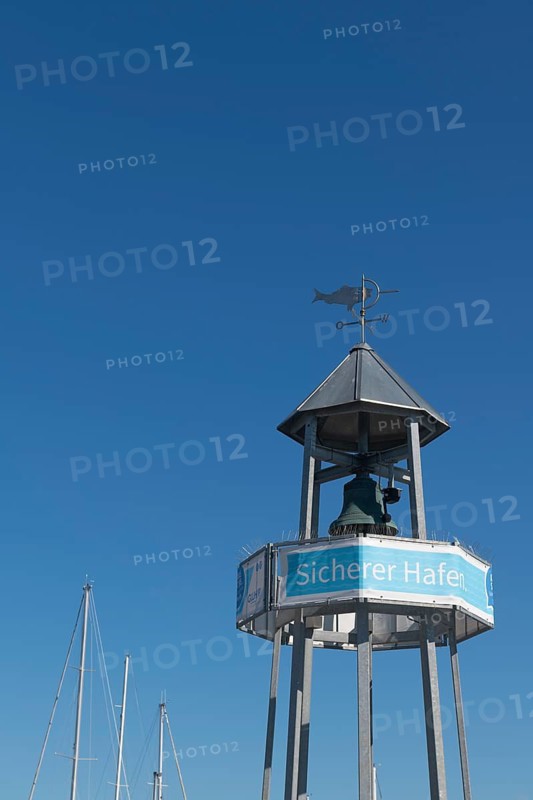 Bell tower safe harbor, masts, Möltenort, Baltic resort Heikendorf-Möltenort, Kiel Fjord, marina, sailboats, pleasure boats, maritime, harbor, jetties, masts, water, Baltic Sea, Schleswig-Holstein, coastal landscape, shore, leisure, water sports, sailing, boat launch, harbor idyll, coastal town, panorama, summer, blue sky, tourism, Germany