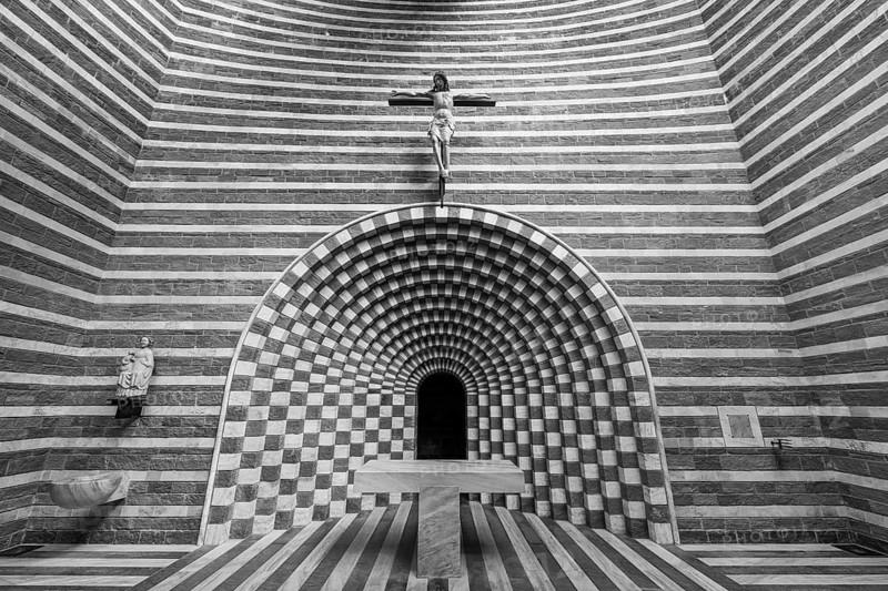 Interior view in black and white, Roman Catholic church of San Giovanni Battista, built in the same place as the village church destroyed by avalanche in 1986, architect Mario Botta, Mogno, Maggia Valley, Valle Maggia, municipality of Lavizzara, Canton of Tessin, Switzerland