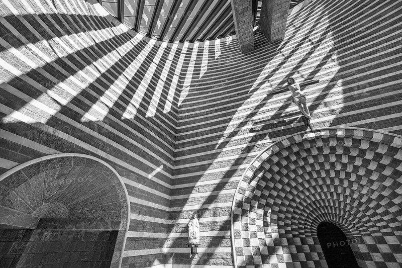 Interior view, Roman Catholic church of San Giovanni Battista, built in the same place as the village church destroyed by avalanche in 1986, architect Mario Botta, Mogno, Maggia Valley, Valle Maggia, municipality of Lavizzara, Canton of Tessin, Switzerland