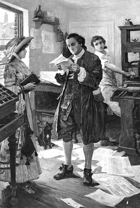 Benjamin Franklin (born 17 January 1706, died 17 April 1790 in Philadelphia, Pennsylvania), American printer, publisher, writer, natural scientist, inventor and statesman. As one of the Founding Fathers of the United States, he helped draft the United States Declaration of Independence and was one of its signatories, an authentic, digitally restored, high-resolution reproduction from a 19th-century original, exact date of the depiction unknown, American history, historical