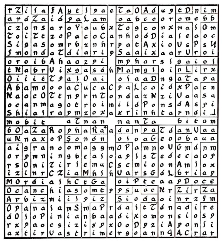 Enochian characters, an occult language for practice of Enochian magic, designed by the 16th-century English mathematician, astronomer, teacher, astrologer, occultist and alchemist Dr. John Dee and his scryer Edward Kelley, digitally enhaced based on a historical illustration