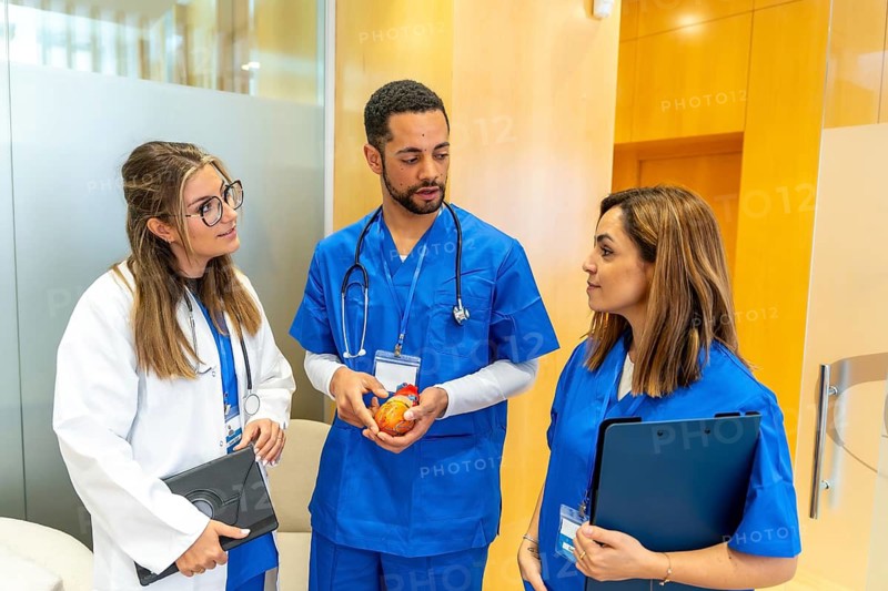 Diverse medical team collaborating and discussing a human heart anatomical model in a modern hospital or clinic setting, focusing on cardiology and patient care