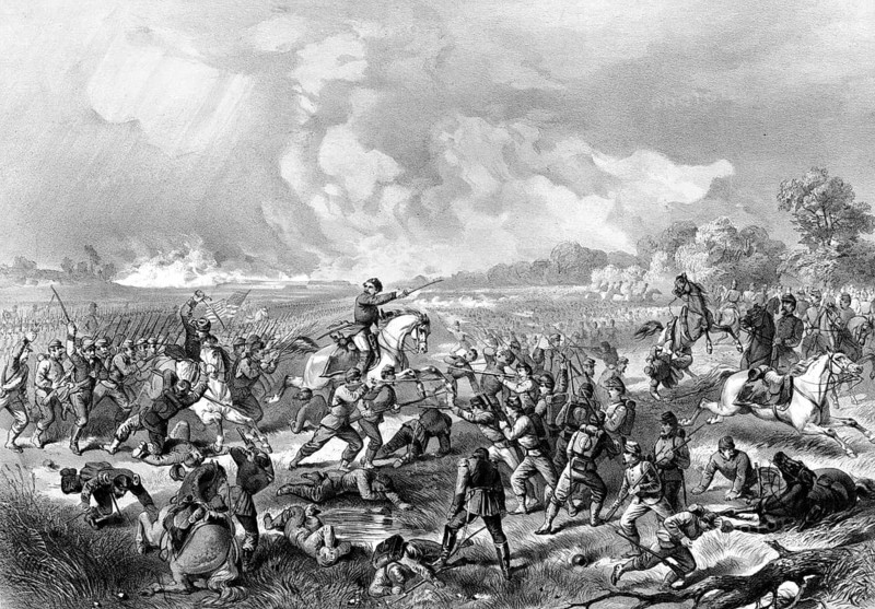 The Battle of Williamsburg took place in Virginia on May 5, 1862 and was the first engagement of the Peninsular Campaign in the Civil War. What is on display is a dramatic battlefield with infantry, mounted officers, smoking powder smoke in the background and fallen in the foreground, authentic, digitally restored reproduction in high resolution from a 19th century original, exact date of presentation unknown, American history, historical