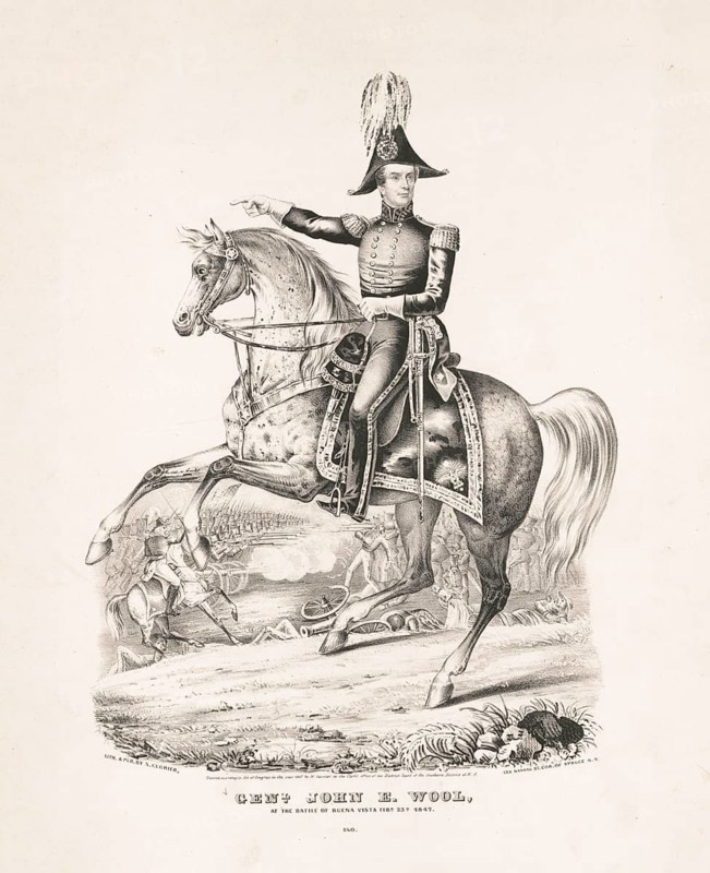General John Ellis Wool (1784–1869), an American officer in the Mexican–American War. The general is depicted on horseback in uniform, whilst scenes from the Battle of Buena Vista are shown in the background, American history, authentic, digitally restored high-resolution reproduction from a 19th-century original, exact date of the depiction unknown, historical